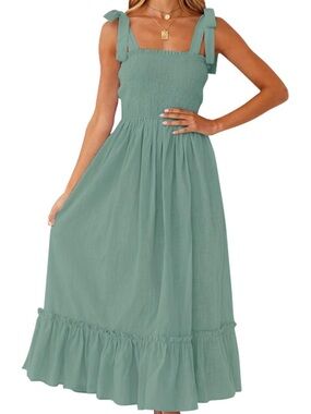 Tie-Strap Sage Green Maxi Dress with Smocked Bodice